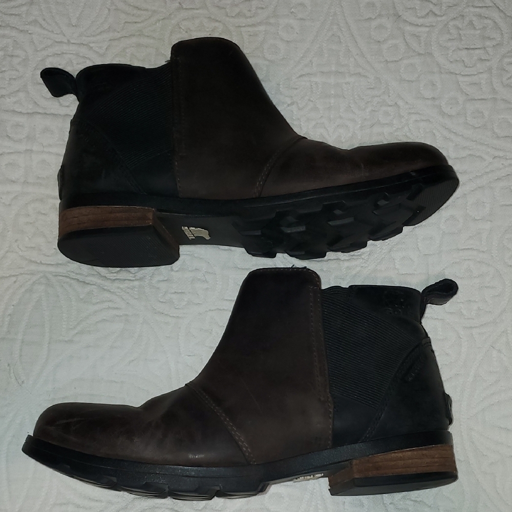 Womens Sorel Emelie Chelsea chukka waterproof leather ankle boots brown black